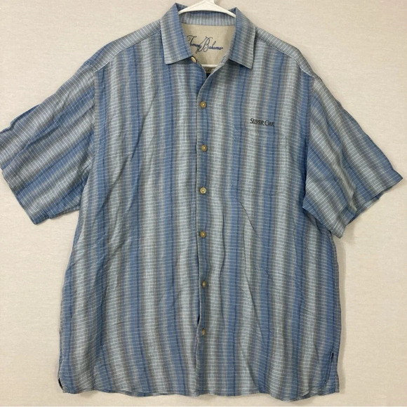 Tommy Bahama Blue Gray Striped 100% Linen Short Sleeve Button Down Large - Picture 1 of 10